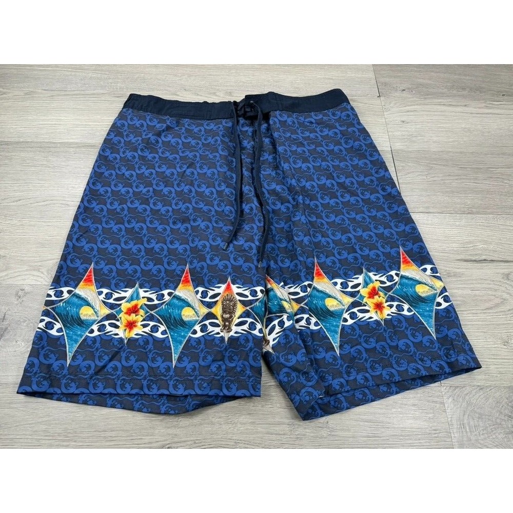 Vintage Gecko Hawaii Shorts Mens L Blue Swim Trunks Nylon Mesh Lined 10" Inseam